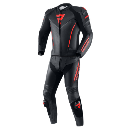 Мотокомбинезон кожаный Rebelhorn Fighter черный/флуо красный